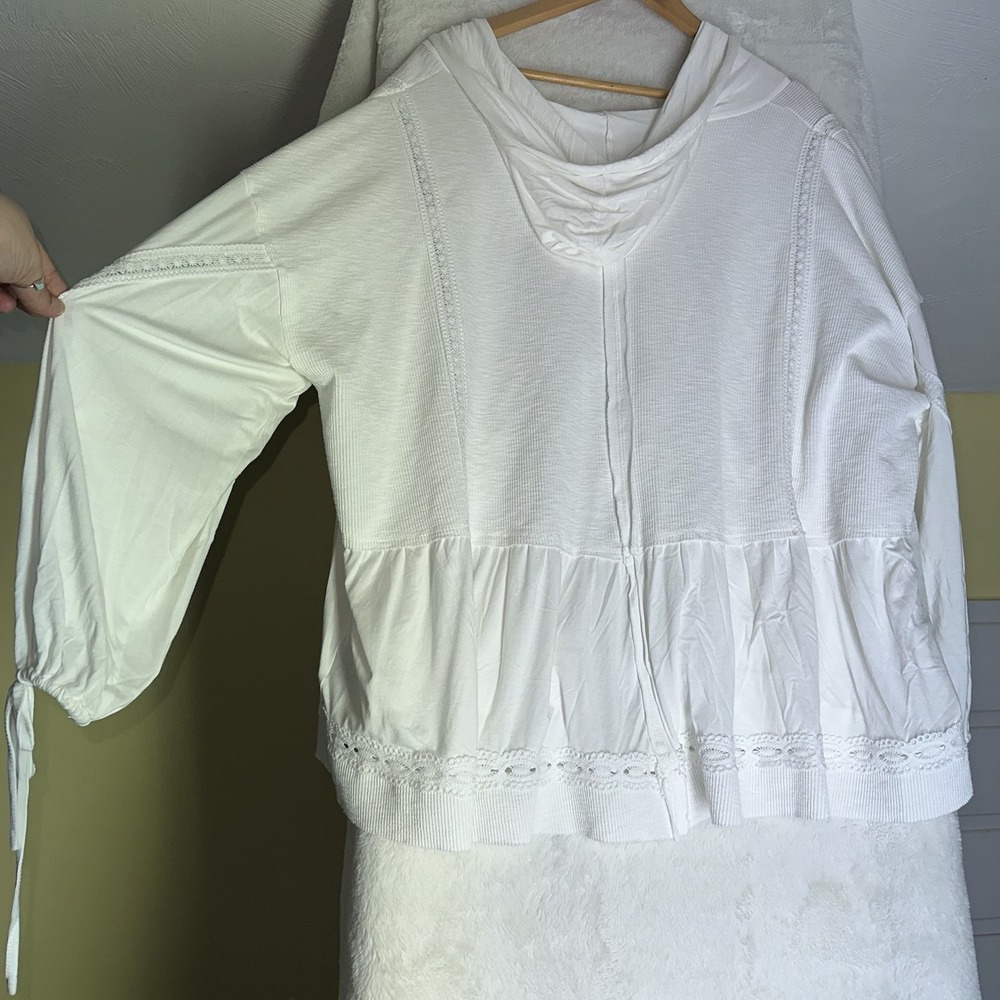 POL Oversized Beachy Lace Trim Full Zip Hoodie White Balloon Sleeve Boho M Light - Picture 6 of 13
